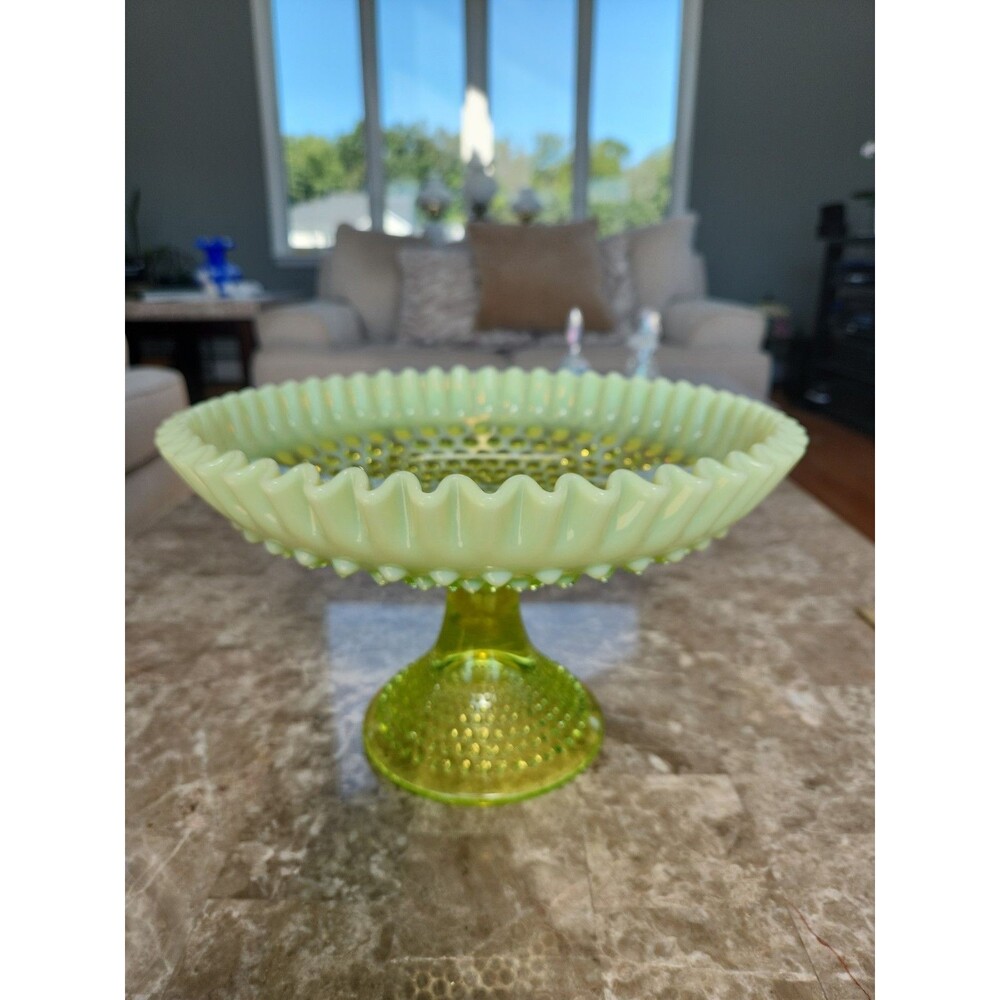 Fenton Topaz Opalescent Vaseline Compote Bowl, 6 3/4" Tall, Glows